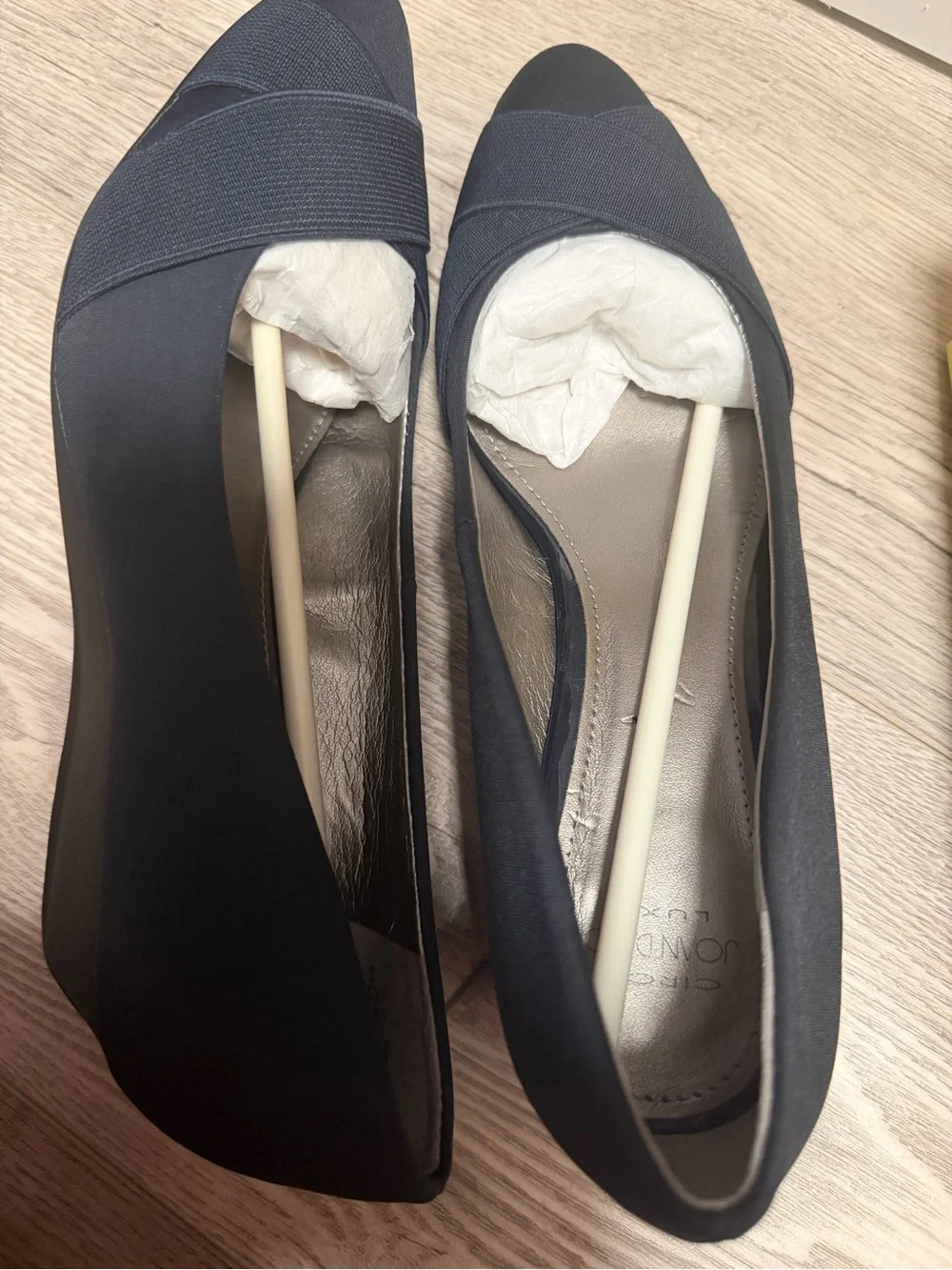 Classic Navy Pointed Flats with Elastic Crossover Strap